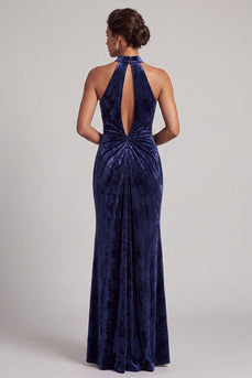 Dark Navy Sheath Velvet Ruched Halter Long Mother of the Bride Dress