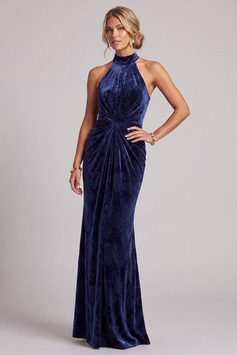 Load image into Gallery viewer, Dark Navy Sheath Velvet Ruched Halter Long Mother of the Bride Dress