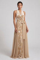 Load image into Gallery viewer, Floral Champagne Halter A-Line Long Mother of the Bride Dress with Cape