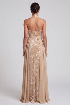 Floral Champagne Halter A-Line Long Mother of the Bride Dress with Cape