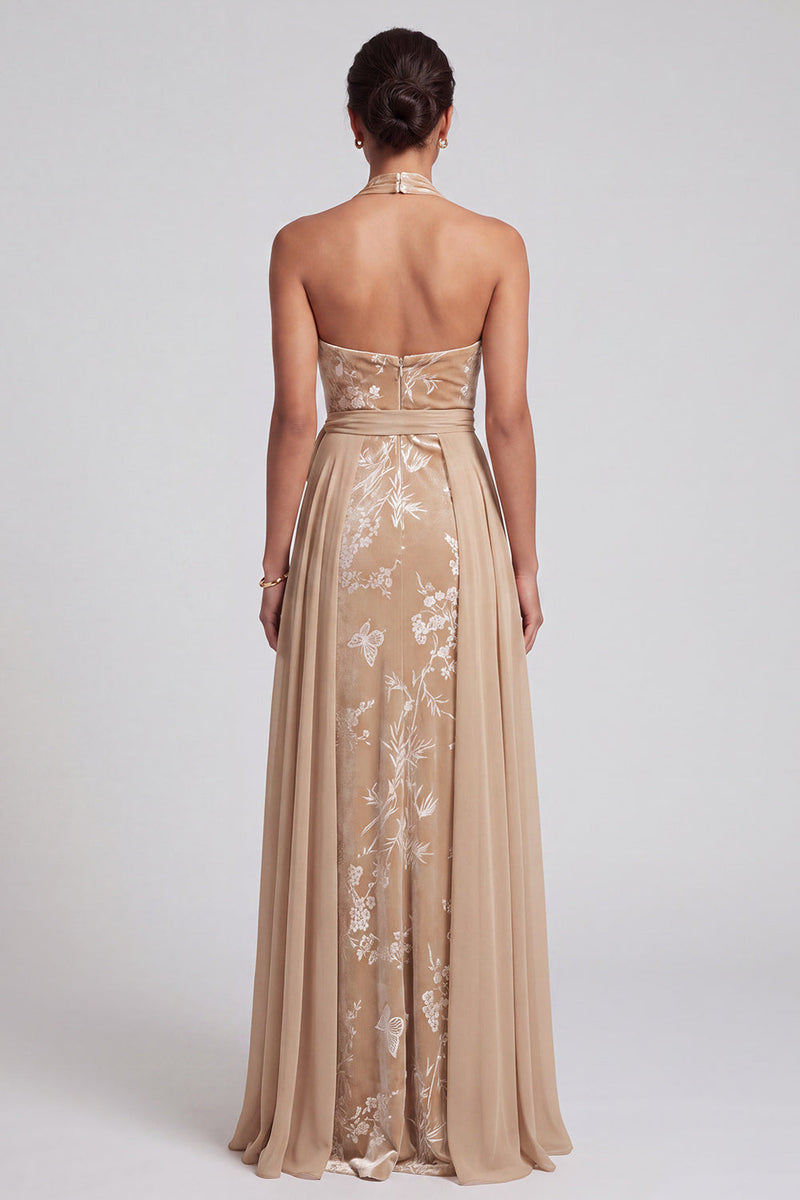 Load image into Gallery viewer, Floral Champagne Halter A-Line Long Mother of the Bride Dress with Cape