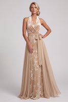 Load image into Gallery viewer, Floral Champagne Halter A-Line Long Mother of the Bride Dress with Cape