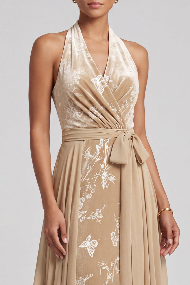 Load image into Gallery viewer, Floral Champagne Halter A-Line Long Mother of the Bride Dress with Cape