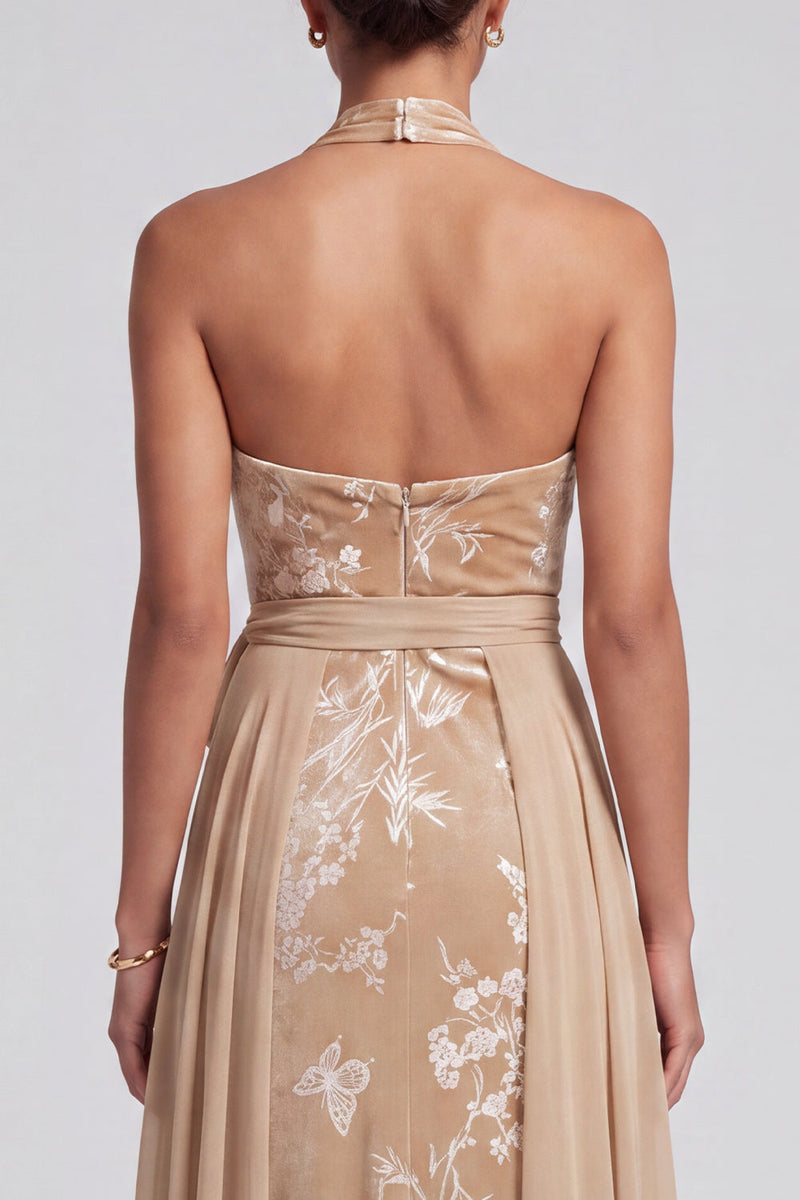 Load image into Gallery viewer, Floral Champagne Halter A-Line Long Mother of the Bride Dress with Cape