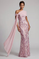 Load image into Gallery viewer, Sparkly Pink Mermaid One Shoulder Sequins Long Mother of the Bride Dress