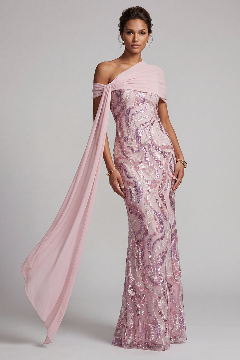 Load image into Gallery viewer, Sparkly Pink Mermaid One Shoulder Sequins Long Mother of the Bride Dress