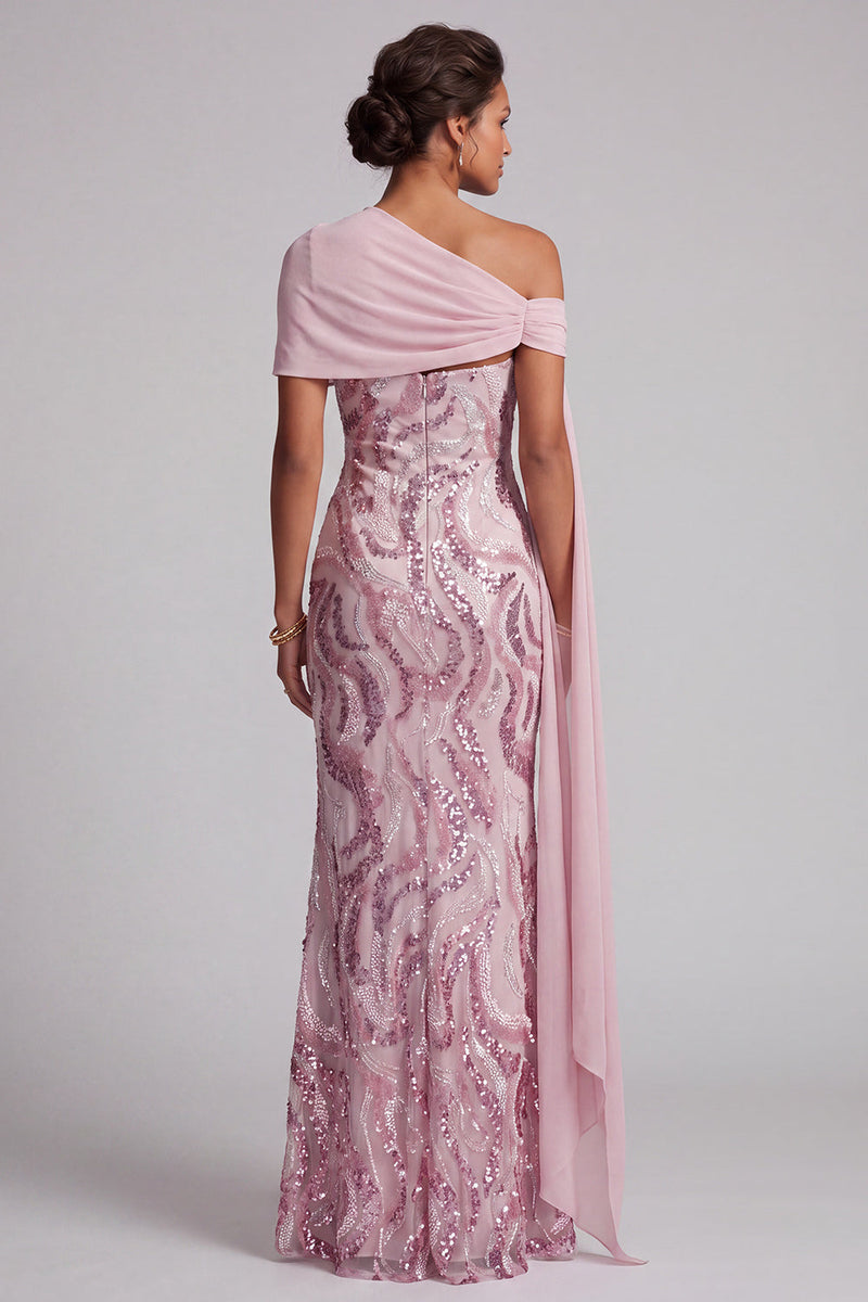 Load image into Gallery viewer, Sparkly Pink Mermaid One Shoulder Sequins Long Mother of the Bride Dress