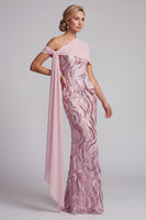 Load image into Gallery viewer, Sparkly Pink Mermaid One Shoulder Sequins Long Mother of the Bride Dress
