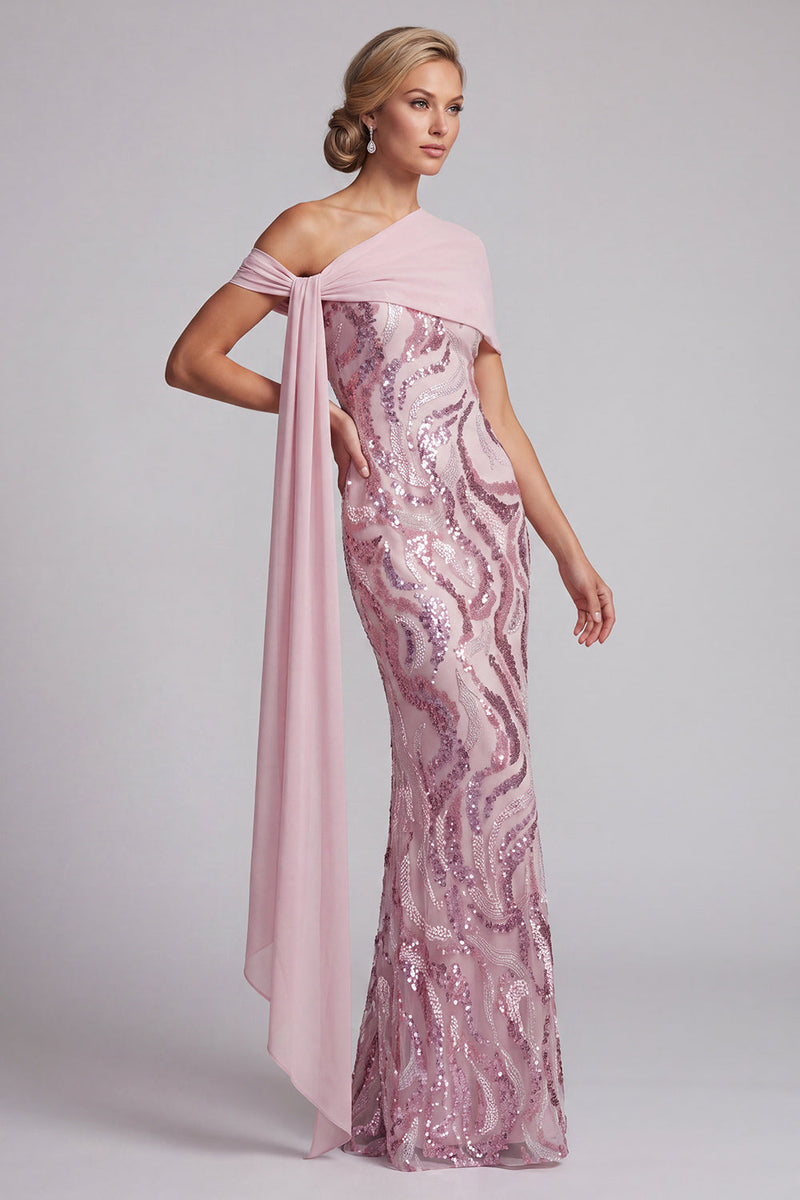 Load image into Gallery viewer, Sparkly Pink Mermaid One Shoulder Sequins Long Mother of the Bride Dress