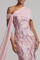 Load image into Gallery viewer, Sparkly Pink Mermaid One Shoulder Sequins Long Mother of the Bride Dress
