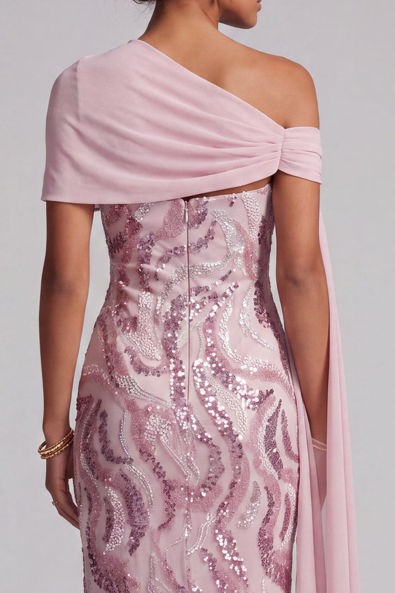 Load image into Gallery viewer, Sparkly Pink Mermaid One Shoulder Sequins Long Mother of the Bride Dress