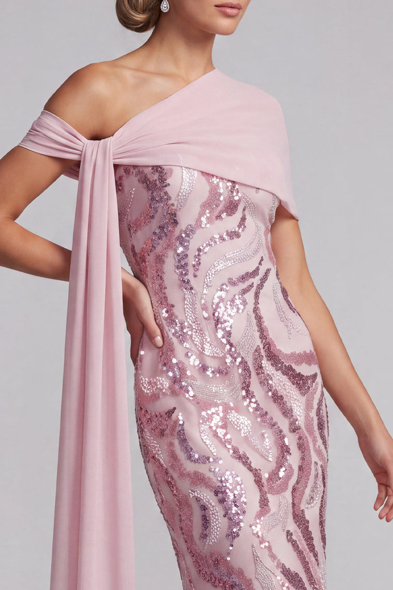 Load image into Gallery viewer, Sparkly Pink Mermaid One Shoulder Sequins Long Mother of the Bride Dress