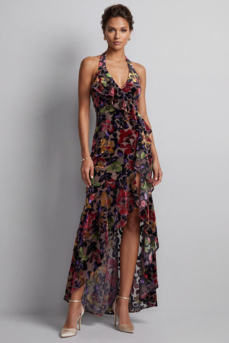 Load image into Gallery viewer, Black Floral Mermaid Ruffled Halter High-Low Mother of the Bride Dress