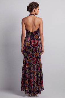 Black Floral Mermaid Ruffled Halter High-Low Mother of the Bride Dress