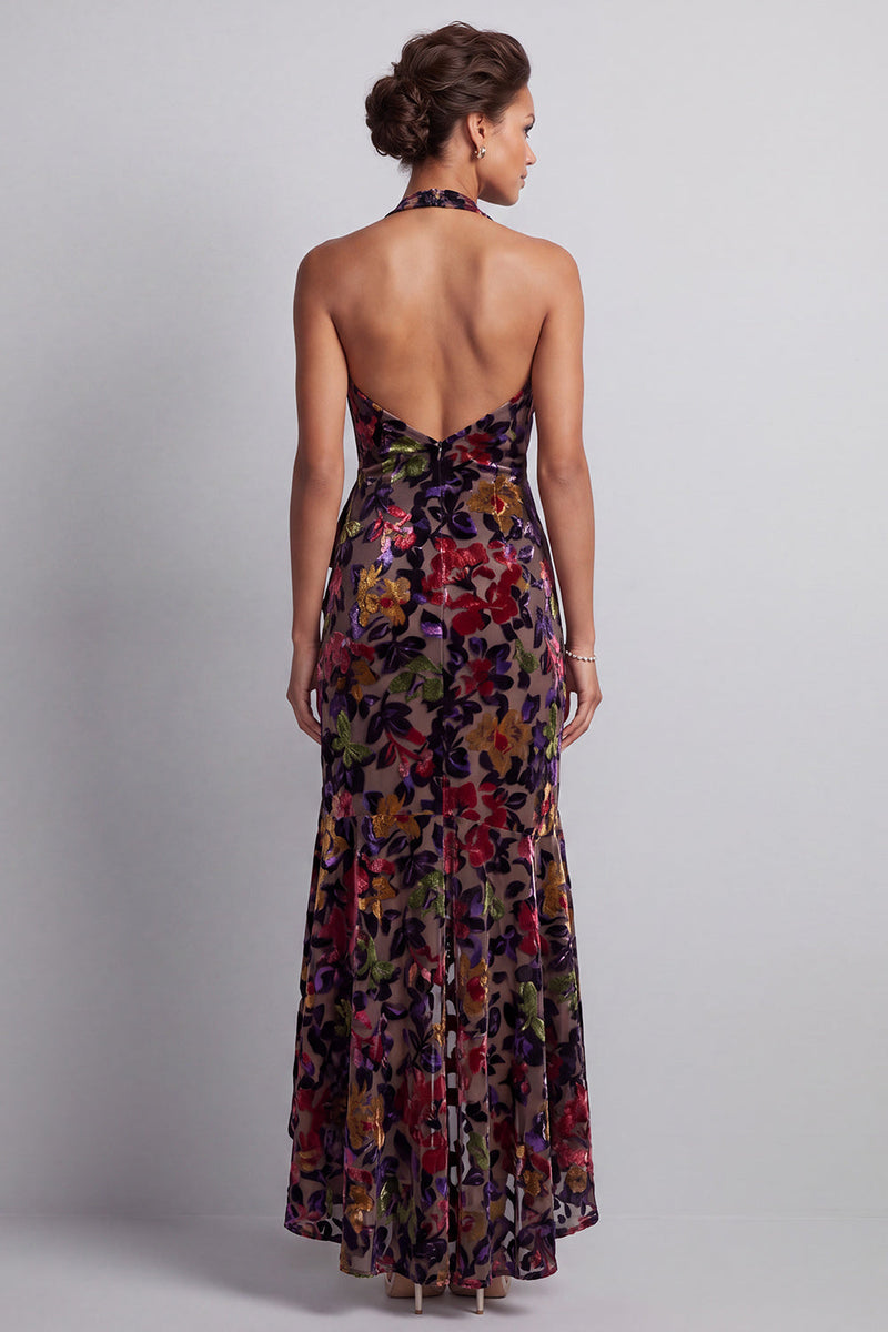 Load image into Gallery viewer, Black Floral Mermaid Ruffled Halter High-Low Mother of the Bride Dress