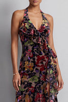Load image into Gallery viewer, Black Floral Mermaid Ruffled Halter High-Low Mother of the Bride Dress
