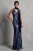 Load image into Gallery viewer, Sparkly Dark Navy Sheath Sequin V-Neck Long Mother of the Bride Dress with Lace