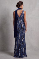 Load image into Gallery viewer, Sparkly Dark Navy Sheath Sequin V-Neck Long Mother of the Bride Dress with Lace