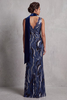 Sparkly Dark Navy Sheath Sequin V-Neck Long Mother of the Bride Dress with Lace