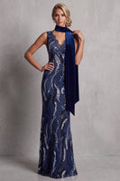 Load image into Gallery viewer, Sparkly Dark Navy Sheath Sequin V-Neck Long Mother of the Bride Dress with Lace