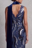 Load image into Gallery viewer, Sparkly Dark Navy Sheath Sequin V-Neck Long Mother of the Bride Dress with Lace