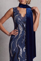 Load image into Gallery viewer, Sparkly Dark Navy Sheath Sequin V-Neck Long Mother of the Bride Dress with Lace