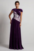 Load image into Gallery viewer, Plum Velvet Sheath Sparkly Sequin Long Mother of the Bride Dress with Sleeves