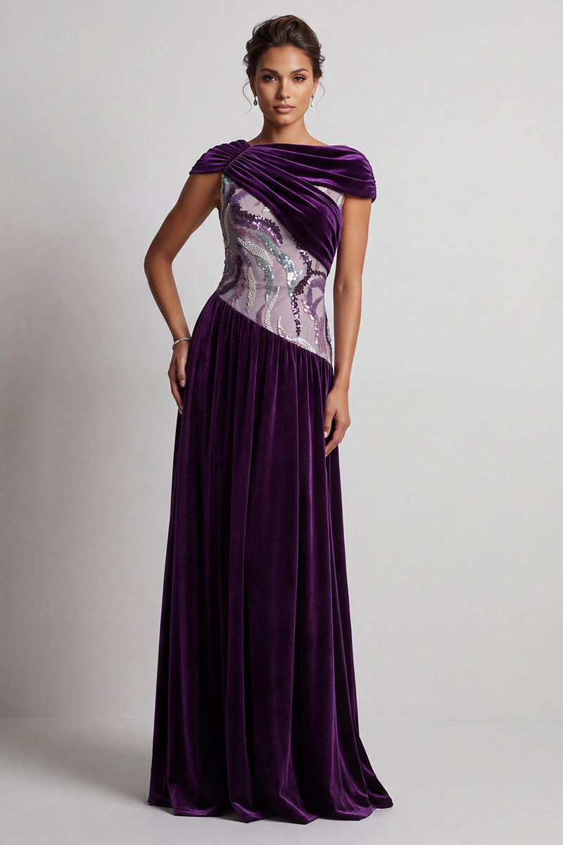 Load image into Gallery viewer, Plum Velvet Sheath Sparkly Sequin Long Mother of the Bride Dress with Sleeves