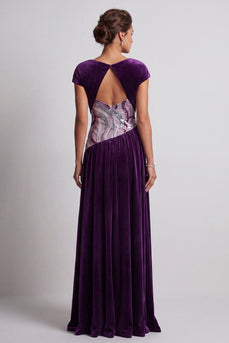Plum Velvet Sheath Sparkly Sequin Long Mother of the Bride Dress with Sleeves