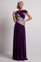 Load image into Gallery viewer, Plum Velvet Sheath Sparkly Sequin Long Mother of the Bride Dress with Sleeves