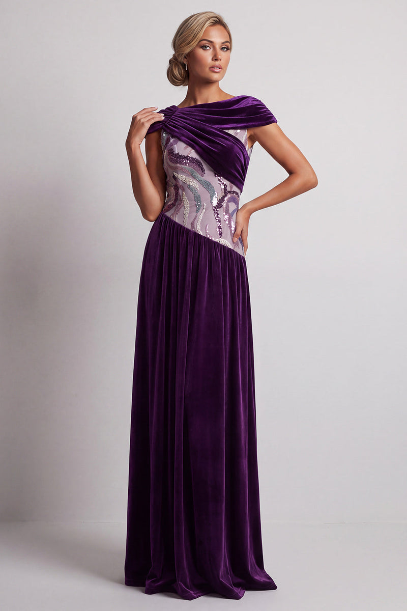 Load image into Gallery viewer, Plum Velvet Sheath Sparkly Sequin Long Mother of the Bride Dress with Sleeves