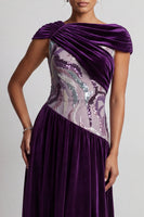 Load image into Gallery viewer, Plum Velvet Sheath Sparkly Sequin Long Mother of the Bride Dress with Sleeves