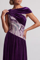 Load image into Gallery viewer, Plum Velvet Sheath Sparkly Sequin Long Mother of the Bride Dress with Sleeves