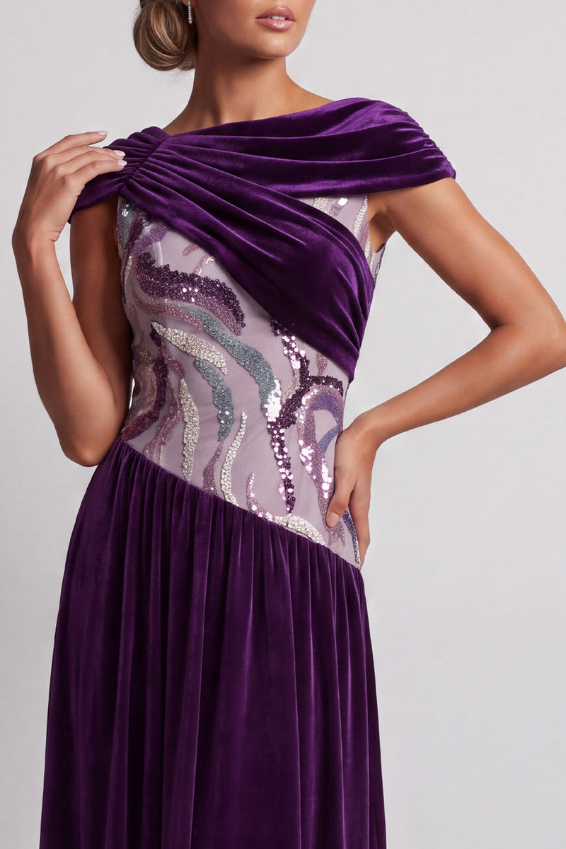 Load image into Gallery viewer, Plum Velvet Sheath Sparkly Sequin Long Mother of the Bride Dress with Sleeves