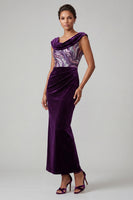 Load image into Gallery viewer, Plum Velvet Cowl Neck Sparkly Sequin Mermaid Ruched Long Mother of the Bride Dress