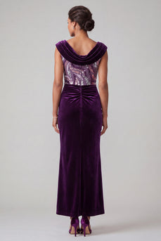 Plum Velvet Cowl Neck Sparkly Sequin Mermaid Ruched Long Mother of the Bride Dress
