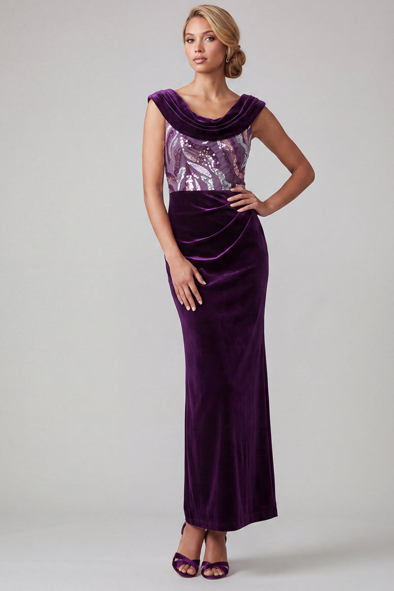 Load image into Gallery viewer, Plum Velvet Cowl Neck Sparkly Sequin Mermaid Ruched Long Mother of the Bride Dress