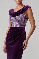 Load image into Gallery viewer, Plum Velvet Cowl Neck Sparkly Sequin Mermaid Ruched Long Mother of the Bride Dress