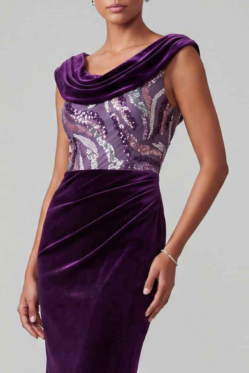 Load image into Gallery viewer, Plum Velvet Cowl Neck Sparkly Sequin Mermaid Ruched Long Mother of the Bride Dress