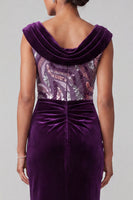 Load image into Gallery viewer, Plum Velvet Cowl Neck Sparkly Sequin Mermaid Ruched Long Mother of the Bride Dress