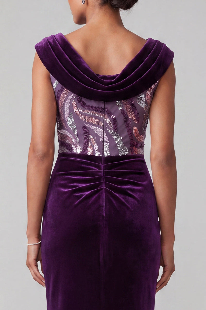 Load image into Gallery viewer, Plum Velvet Cowl Neck Sparkly Sequin Mermaid Ruched Long Mother of the Bride Dress
