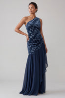 Load image into Gallery viewer, Floral Navy Velvet One Shoulder Sheath Long Mother of the Bride Dress