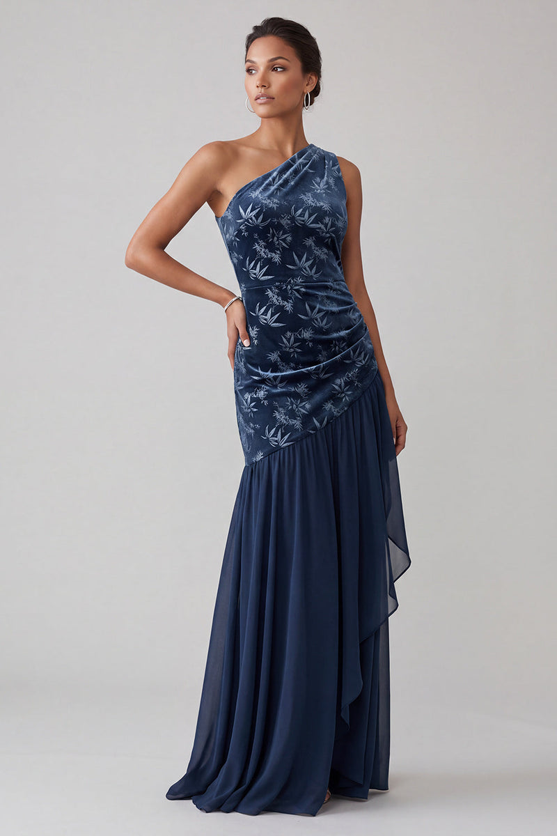 Load image into Gallery viewer, Floral Navy Velvet One Shoulder Sheath Long Mother of the Bride Dress