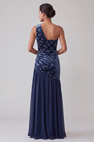 Load image into Gallery viewer, Floral Navy Velvet One Shoulder Sheath Long Mother of the Bride Dress