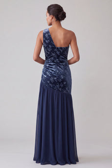Floral Navy Velvet One Shoulder Sheath Long Mother of the Bride Dress
