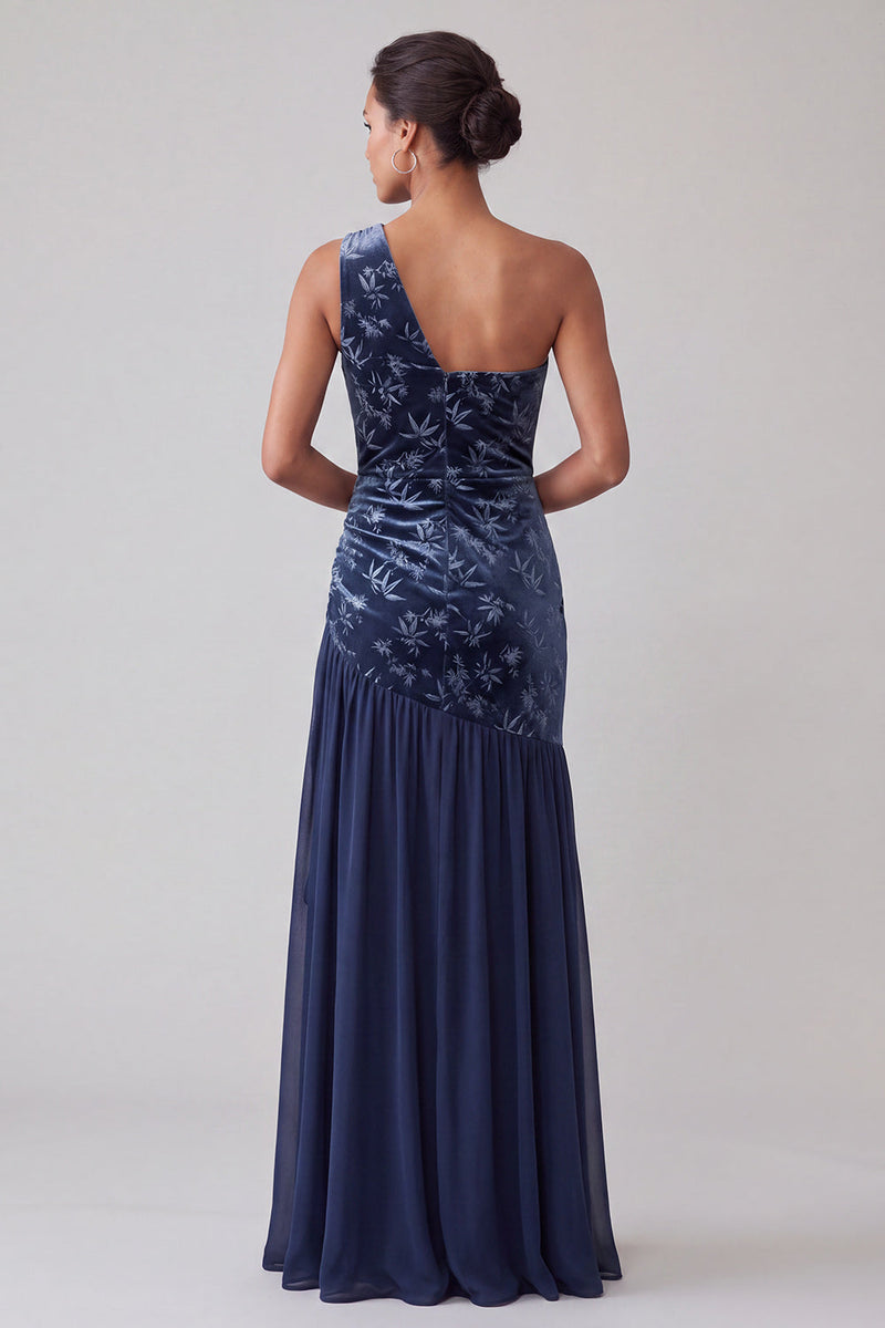 Load image into Gallery viewer, Floral Navy Velvet One Shoulder Sheath Long Mother of the Bride Dress