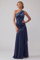 Load image into Gallery viewer, Floral Navy Velvet One Shoulder Sheath Long Mother of the Bride Dress