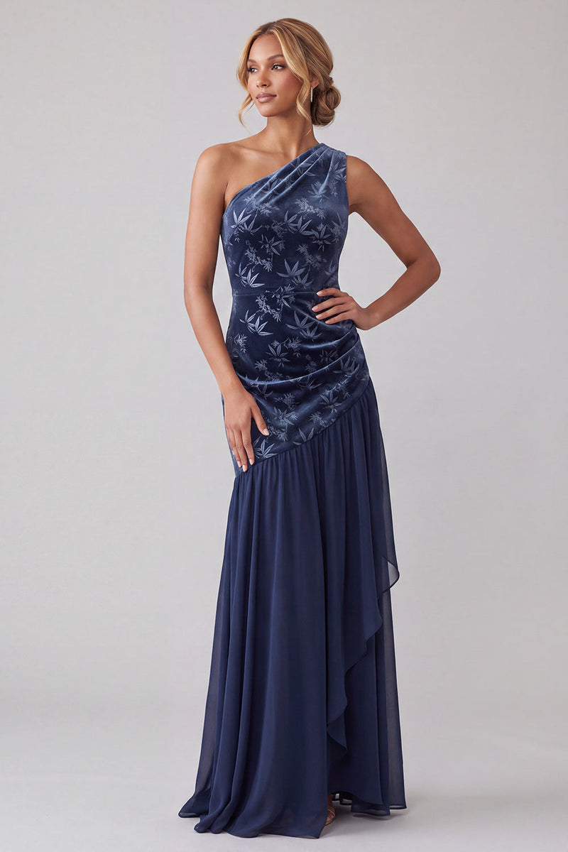 Load image into Gallery viewer, Floral Navy Velvet One Shoulder Sheath Long Mother of the Bride Dress