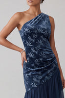 Load image into Gallery viewer, Floral Navy Velvet One Shoulder Sheath Long Mother of the Bride Dress