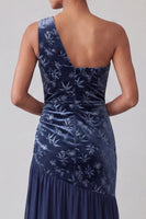 Load image into Gallery viewer, Floral Navy Velvet One Shoulder Sheath Long Mother of the Bride Dress